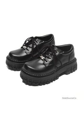 Faux Leather Chunky Platform Goth Oxford Shoes Metal Decor Wide Toe Lug Sole